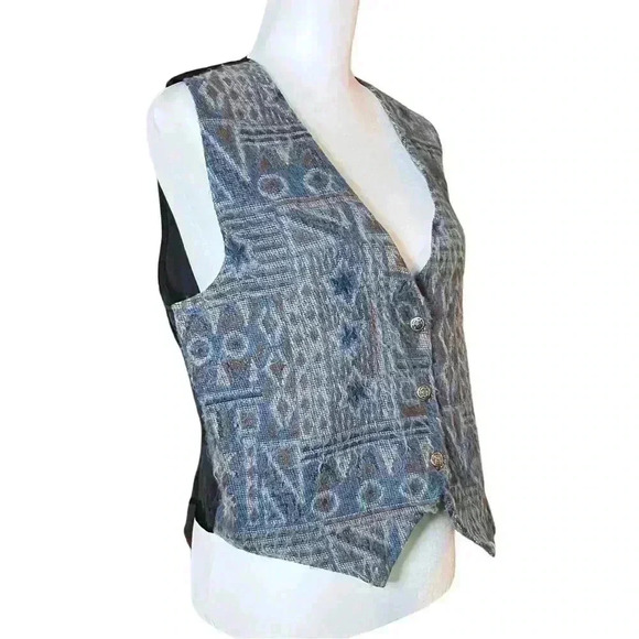 Vintage 90s Western Boho Blue Geometric Pattern Vest. Made in the USA. Size M L - Picture 2 of 11